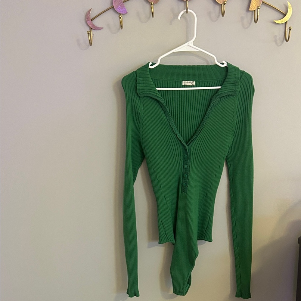 Free People Emerald Ribbed Button-Up Sweater Top